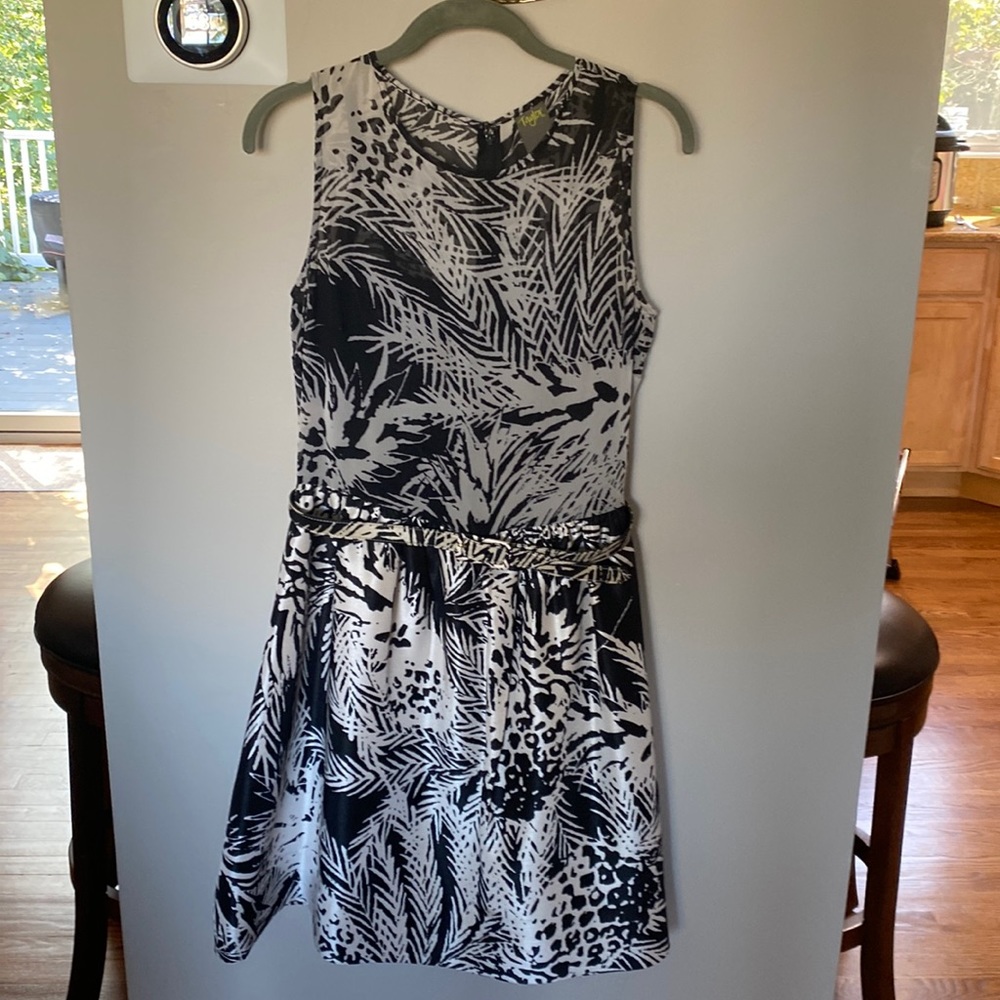 Black and white fit and flare dress with sheer top and chemise underneath